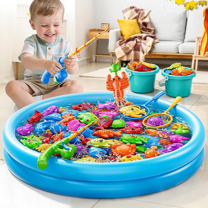Magnet Fishing Game for Kids 3-5 4-8 - Fish Toys for Kids 3-5, Bathtub Floating Toy Fishing Pole, Water Table Pool with Rod Net, Bath Outdoor Gifts for Toddlers Baby Age 3 4 5 6 7 8 Year Old