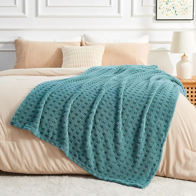 NEWCOSPLAY 3D Waffle Checkered Flannel Twin Blanket, Light Teal, 60"x80" | Super Soft Cute Lightweight Decorative Premium Silky Fleece Blanket for Couch Sofa Bed, Gift for Women Men, All Season Use
