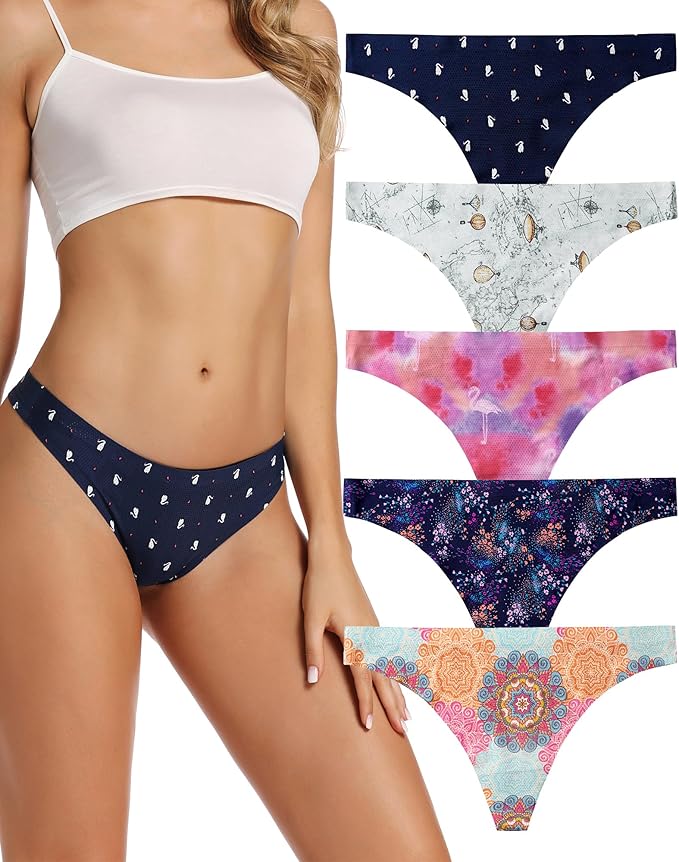 voenxe Seamless Women Underwear Thongs,No Show Ladies Thong,No Line Workout Breathable Comfortable Panties,Soft Undies,5-Pack