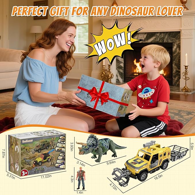 EKU Dinosaur Transport Truck with Trailer and 10 Sounds, Launcher, Clamp, Heads Moves Attack Triceratops Figure, Human, Carrier, Push and Go Adventure Vehicle for Jurassic World Toys Kids Boys Girl 3+