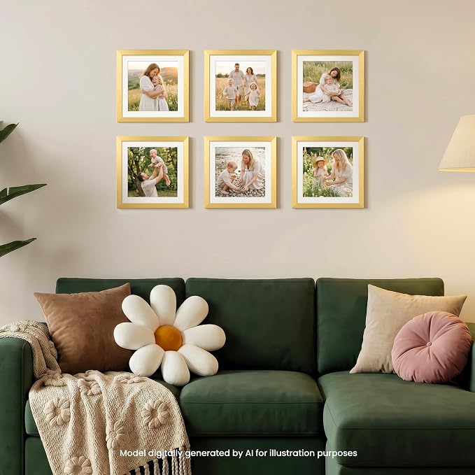 upsimples 10x10 Picture Frame, Display Pictures 8x8 with Mat or 10 x 10 Without, Wall Hanging Square Frames, Gold, 1 Pack