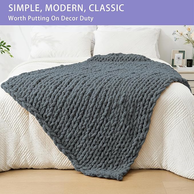 Bigacogo Chunky Knit Throw Blanket for Couch, 40x60 inches, Iron Gray | Hand Knit with Jumbo Chenille, Soft Breathable Cable Knit for Sofa Bed Living Room, Machine Washable, Gift for Mom Friend
