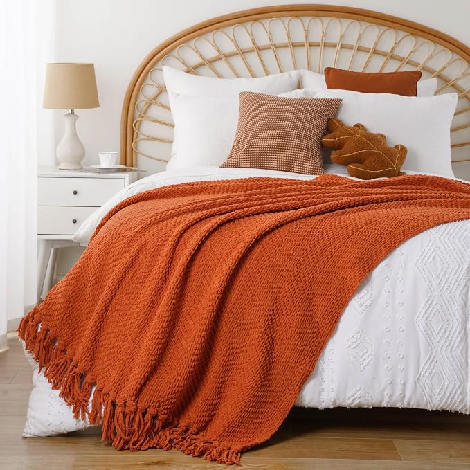 BATTILO HOME Burnt Orange Throw Blanket for Couch, 60"x80" | Knit Fall Decor Blanket Versatile for Chair, Decorative Halloween Throw Blanket with Tassels for Bed