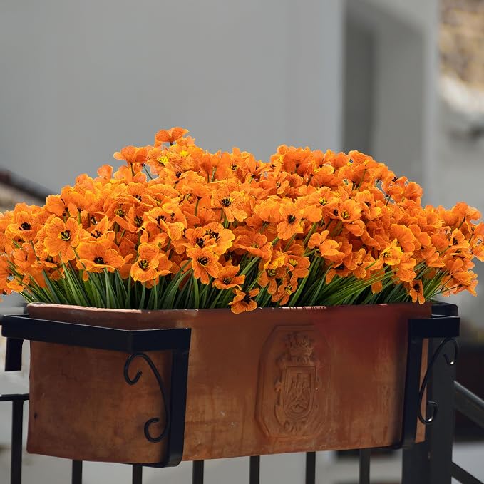 ColoPlay Artificial Mums for Outdoors, 72 Bundles Fake Flowers Fall Decor | Fake Fall Flowers Faux Mums for Outdoor Planters, UV Resistant Artificial Plants for Home Garden Porch Farmhouse(Orange)