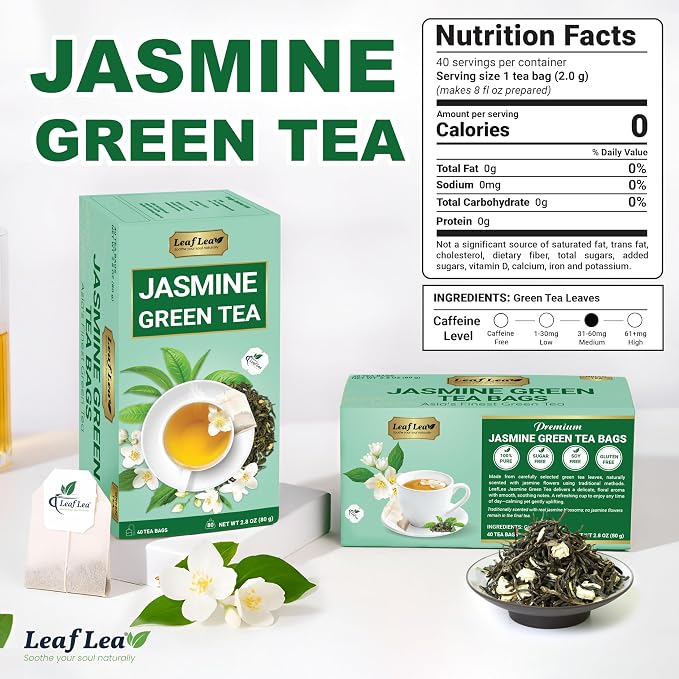 LeafLea Jasmine Green Tea Bags, Light Focus & Daily Balance, 80 Count | Green Tea Naturally Scented With Jasmine, Delicate Floral Taste, Caffeinated, Sugar-Free, Vegan, Individually Wrapped