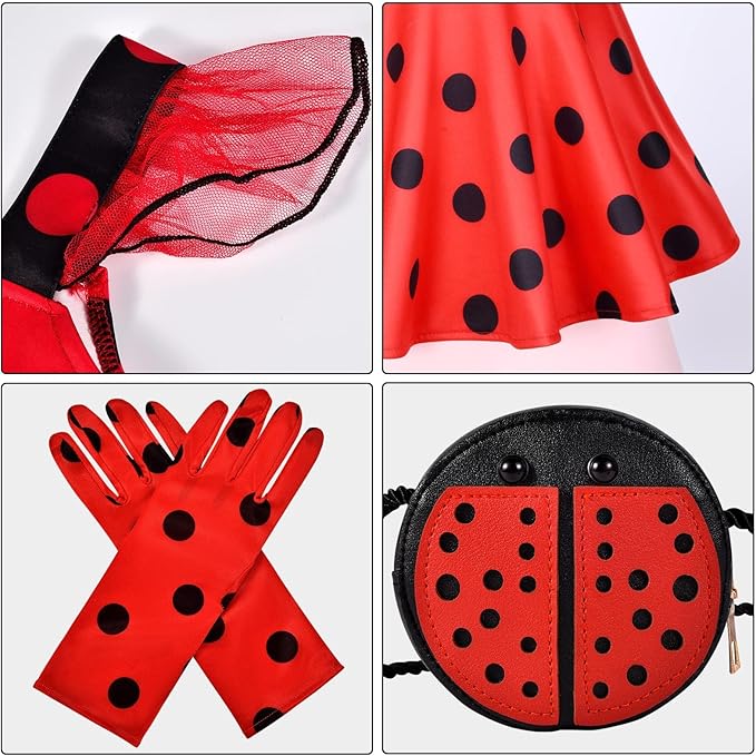 Lady Bug Dress Costume for Girls Polka Dots Tutu Dress Halloween Birthday Dress Up Pretend Play for Kids 3-8