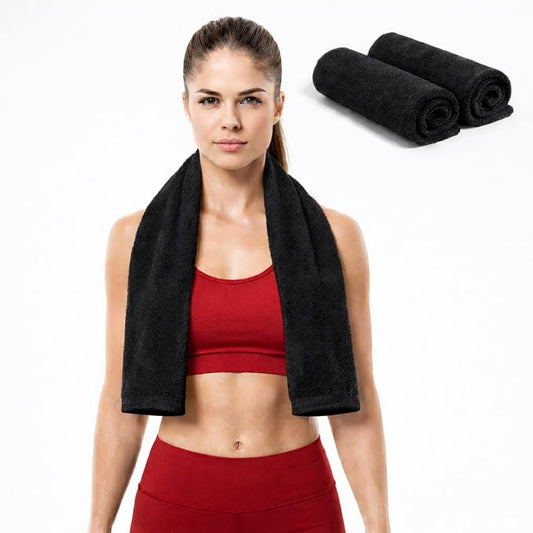 Sports Towel - Double Pack (2 Pieces), 12"x51", Black, 100% Cotton - Oeko-Tex Certified, Very Absorbent and Quick-Drying, for Fitness, Gym and Yoga