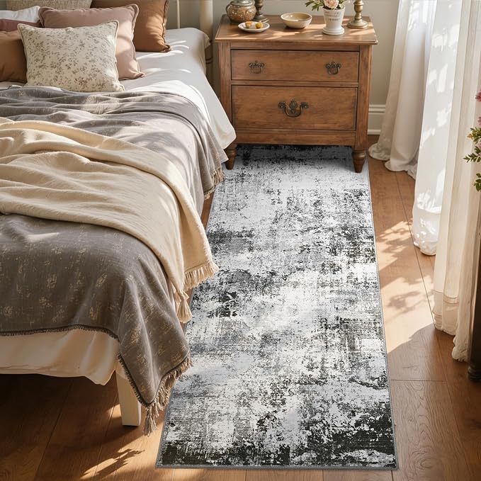 2x6 Ft Washable Runner Rug, Non-Slip Low Pile Hallway Kitchen Area Rug, Soft Long Entryway Floor Mat Abstract Pattern Carpet for Bedside & High-Traffic Areas (Grey)