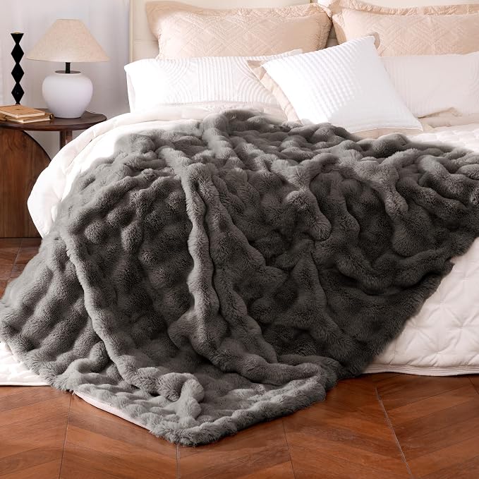 Ultra Soft Cozy Faux Fur Throw Blanket, Fuzzy Plush Thick Bubble Blanket, Oversize Luxury Fluffy Blanket for Couch, Bed, and Living Room, 60x80 Inches, Dark Grey Taupe