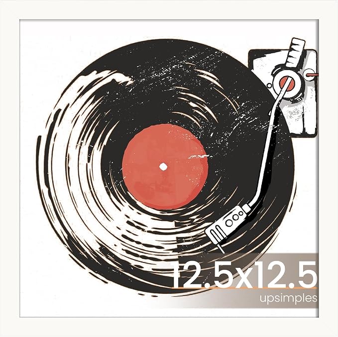 upsimples Vinyl Record Frame, Display Pictures 10x10 with Mat or 12.5 x 12.5 Without, Wall Hanging Album Cover Frames, White, 1 Pack
