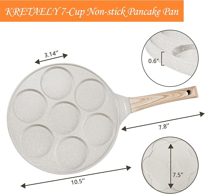 10.5" Pancake Pan Suitable for All Cooktops 7-Cup Pancake Maker 1-Pack | Beige, PFOA Free, 7-Cup, Mini Silver Dollar Gril, Stay-Cool Handle, Mini Pancake Pan,