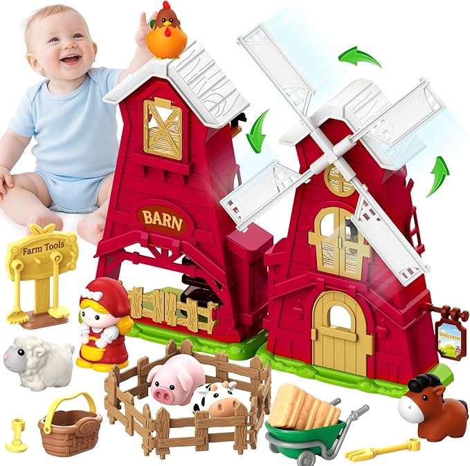 Farm Animals Barn Toys for 1 2 3 Year Old, Montessori Learning Toy for Toddlers, Farm Playset with Animal Figures and Accessories, Christmas Birthday Gift for Boys Girls Baby 12-18 Months