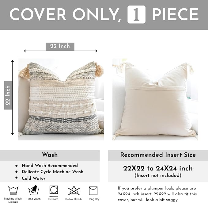 Gray Boho Throw Pillow Cover 22x22, Grey Decorative Accent Pillow for Couch, Square Woven Textured Pillowcase, Modern Farmhouse Pillow for Bed, Bohemian Pillow Cover (Pack of 1)