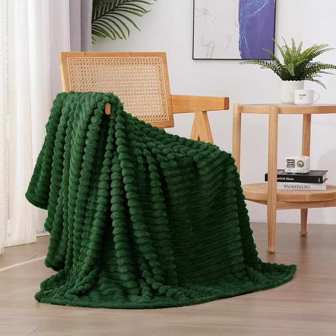 Green Fleece Throw Blanket 90”×90” for Couch Sofa Livingroom | Super Soft Cozy Plush Microfiber Flannel Bed Blanket Striped Design Lightweight Home Decor Gifts for Adults Mom Women
