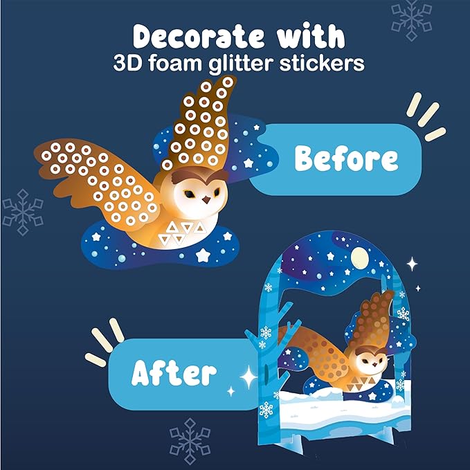 BINCA Foam Sticker Mosaic Art Activity, 750+ 3D Glitter Foam Stickers, 5 Winter Animals with Display Arch, DIY Mess-Free Activities, Felt Craft Kits & Gifts for Boys & Girls Ages 5,6,7,8