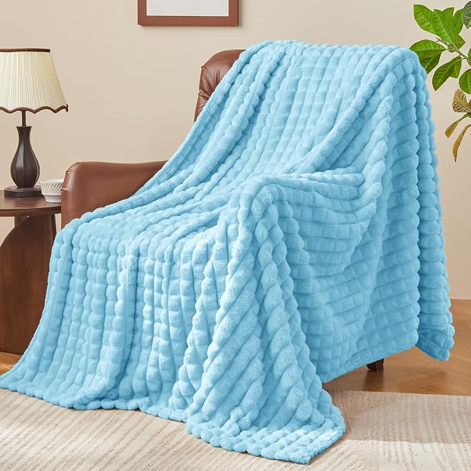 BEDELITE Light Blue Checked Fleece Twin Throw Blanket for Bed, 60x80 Inch | Soft Warm Fuzzy Fluffy Blanket for Couch Sofa, Lightweight Plush Cozy Throws for Home Room Decor, Gift for Women, All Season