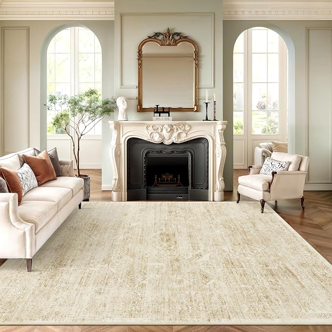 Soalmost Washable Area Rug 9x12 Large Soft Living Room Rugs Beige/Ivory | Farmhouse Vintage Carpet Non-Slip for Dining Bedroom, Stain Resistant Low Pile Foldable Thin Floor Mat Under Table Home Decor