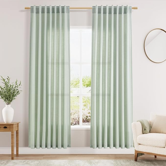 Nanspring Aqua Green Linen Curtains 52x72 Inch 2 Panels | Semi Sheer Light Filtering, Back Tab Rod Pocket, Living Room & Bedroom, Modern Farmhouse Decor