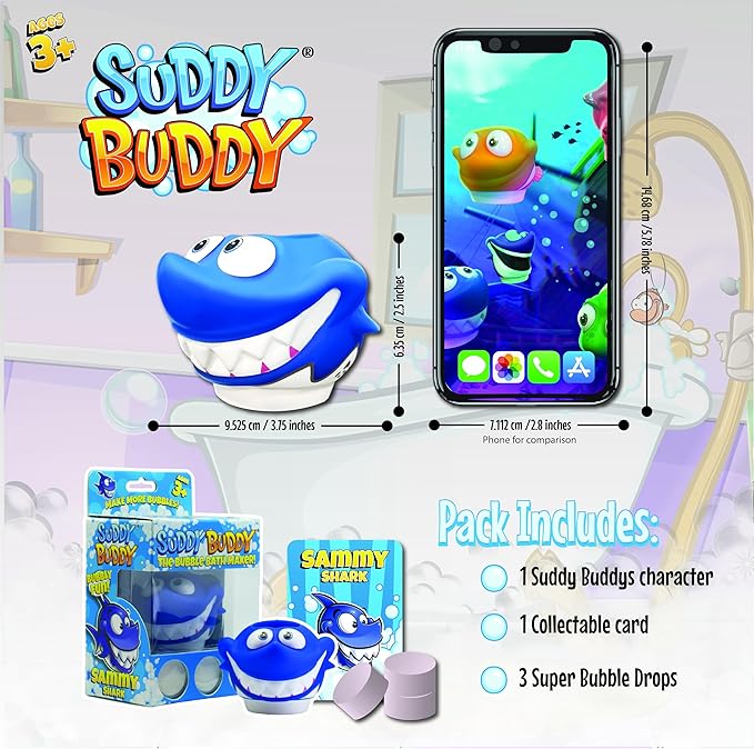 Suddy Buddy® Bubble Maker for Bathtub | Fun Kid Bubble Bath Toys | Bath Bubbler for Boys & Girls Ages 3+ | Includes 1 Foam Dispenser, 1 Trading Card & 3 Super-Bubble Drops | Sammy Shark