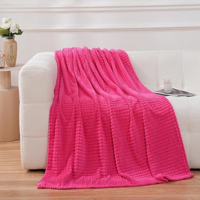 Puncuntex Fleece Throw Blanket Hot Pink 60"×80" with Square Grid Design | Super Soft Plush Cozy Flannel Throw Blanket Luxury for Couch Sofa Chair