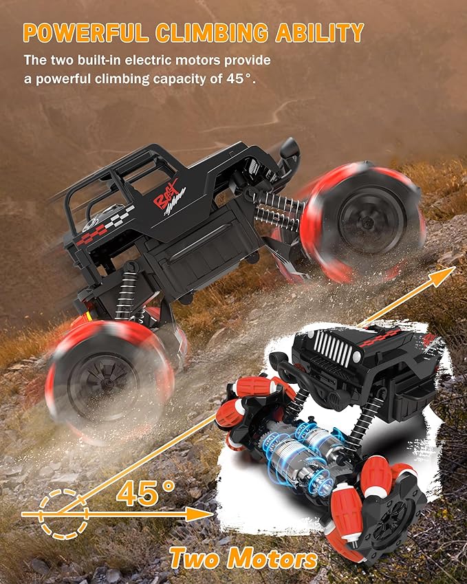 RC Stunt Car, Remote Control Car with 360° Rotation, Sideway Drift, Spray, All Terrain 4WD RC Stunt Hobby Cars for 6-12 Years Old Boys (Red)