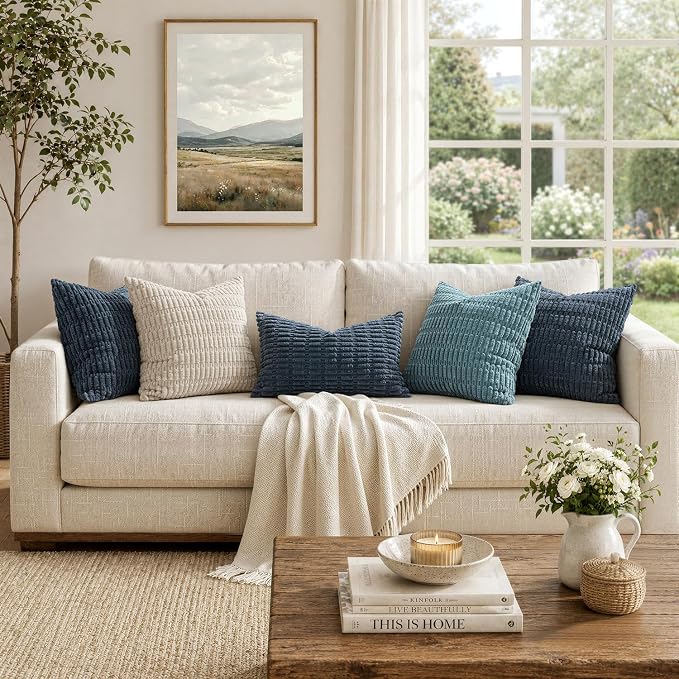 MIULEE Lumbar Corduroy Decorative Throw Pillow Covers 12x20 Blue Pack of 2 | Soft Boho Striped Pillow Covers Modern Farmhouse Coastal Home Decor For Sofa Living Room Couch Bed