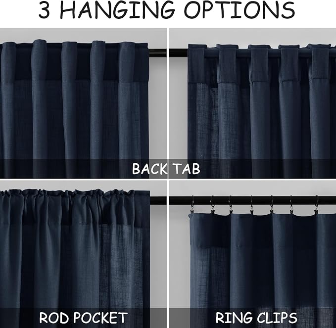 Navy Blue Linen Curtains 90 inch Length for Bedroom Boys Men Back Tab Modern Farmhouse Nautical Decor Blue Sheer Privacy Curtain Panels Set of 2 for Dining Room Indigo