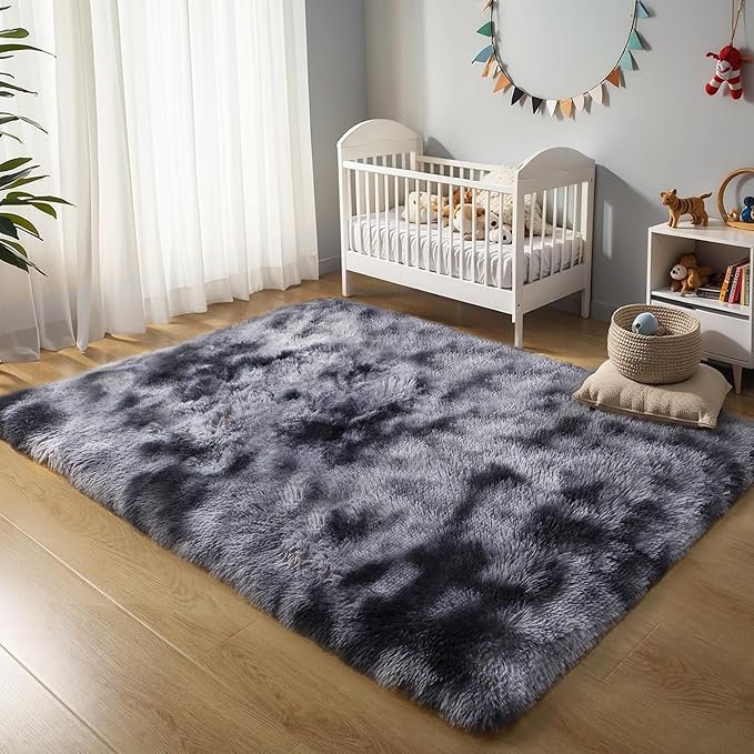5x7 Thick Tie-dye Dark Grey Shag Rug for Bedroom, Soft Plush Fluffy Carpet | Gray Area Rug for Living Room, Kids Nursery, Dorm Room, Washable Non Slip Shaggy Floor Carpet