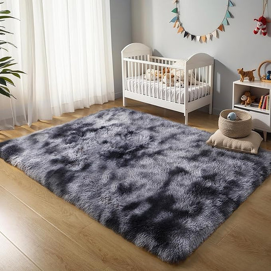 5x7 Thick Tie-dye Dark Grey Shag Rug for Bedroom, Soft Plush Fluffy Carpet | Gray Area Rug for Living Room, Kids Nursery, Dorm Room, Washable Non Slip Shaggy Floor Carpet