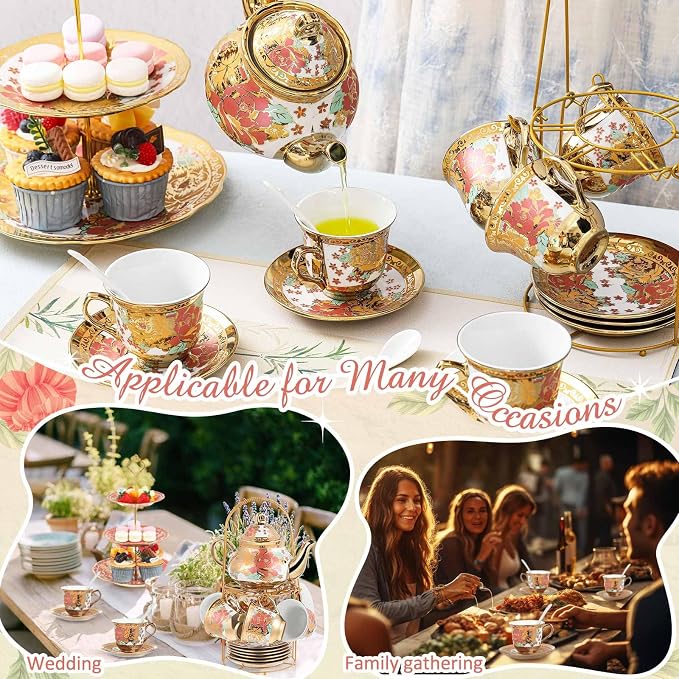 Maxcheck 21 Pcs Porcelain Tea Set for Women Tea Party with Metal Holder and 3 Tier Cake Stand Ceramic European Floral Teapot Set for Adults Mother's Day Christmas Thoughtful Gift(Vintage Style)