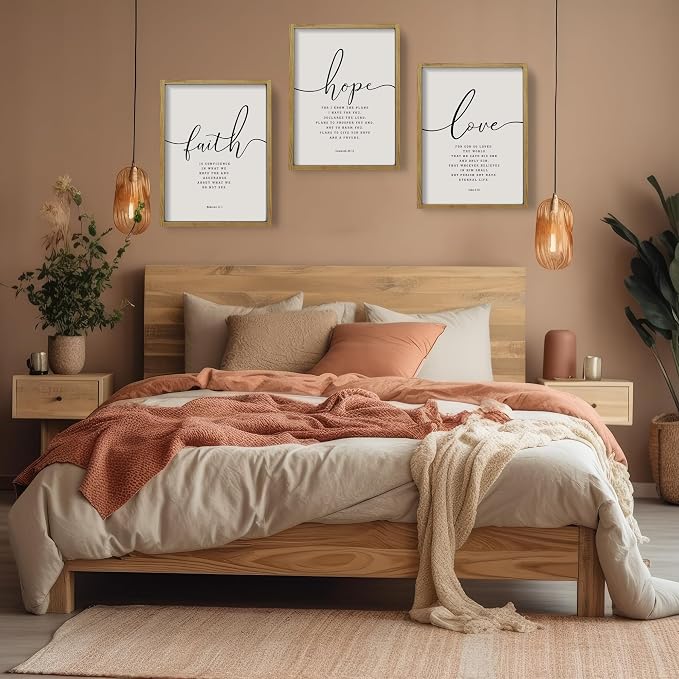Houmury 3PCS Framed Faith Hope Love Bible Verses Wall Art Farmhouse Religious Quotes Wall Decor Inspirational Wall Art (Brown, 16"x24")
