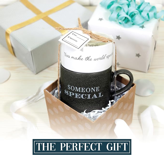 Pavilion Gift Company - Someone Special - 4 Oz Candle & 10.8 Oz Mug Gray & Cream Neutral Stackable To: From: Tag Gift Set