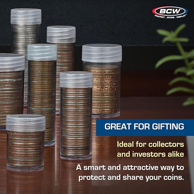 BCW Quarter Coin Storage Tubes - 10 Pack | Archival Quality Plastic Coin Holders, Screw-On Caps | Long-Term Coin Storage