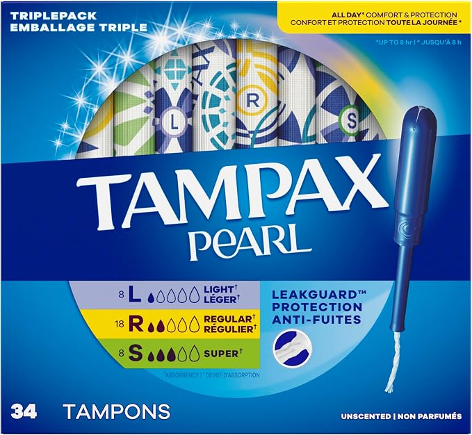 Tampax Pearl Plastic Tampons for Women Multipack, with LeakGuard Braid, Light/Regular/Super Absorbency, Unscented, 204 Count (6 Packs of 34)