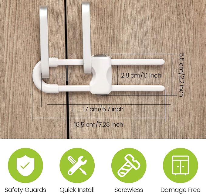 Jetec 10 Pack Baby Cabinet Locks, No Adhesive No Drill Child Safety Locks for Cabinets with Knobs or Handles, Adjustable U-Shaped Child Proof Latches for Cupboards, Fridge, Closet, Pets(White)