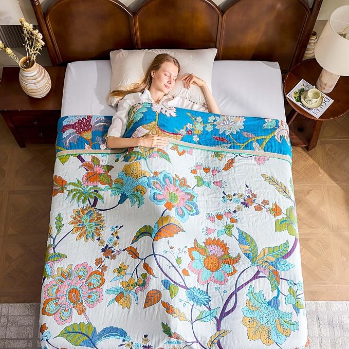 XIBLC Summer Throw Blanket, 60"x80" Reversible Bohemian Flower Blanket, 100% Cotton Muslin Breathable Woven, Farmhouse Decorative Throw Blanket