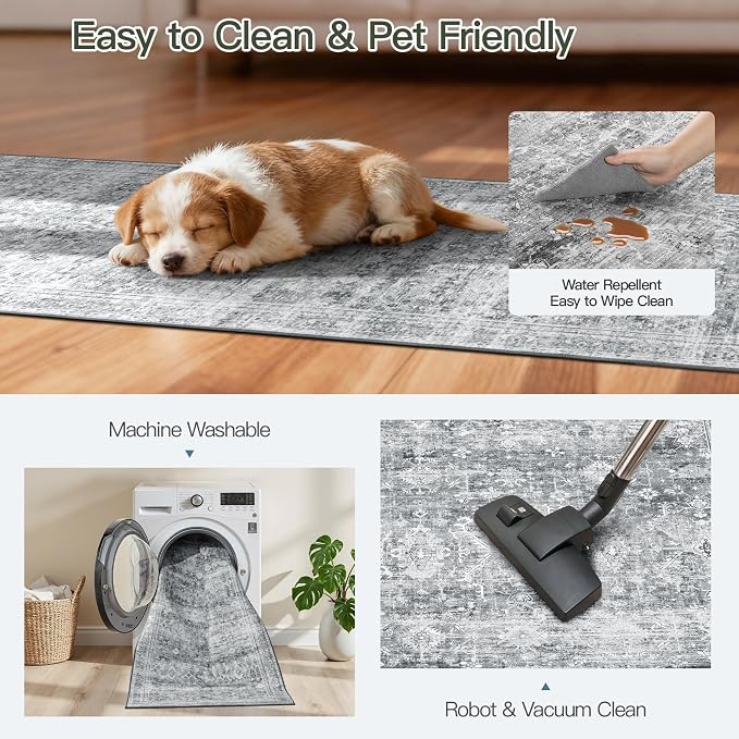 Lofus 2X6 Area Rugs for Hallways, Grey Washable Non-Slip Kitchen Runner Rug | Low Pile Runner Rugs, Soft Carpet for Kitchen Bathroom Bedroom Laundry, Stain Resistant, Low Pile, Vintage Distressed Rug