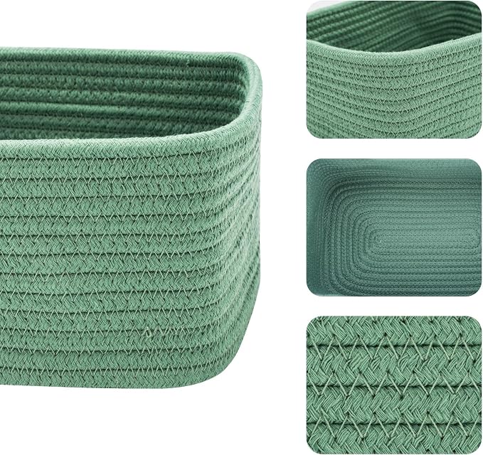 MiniArk Small Storage Baskets for Organizing | Closet Organizer Bins | Shelf Toy Basket | Woven Rope Baskets | Cube Decorative Box | Shallow Basket | 11.5x7.5x4.7” | 4 Packs Green