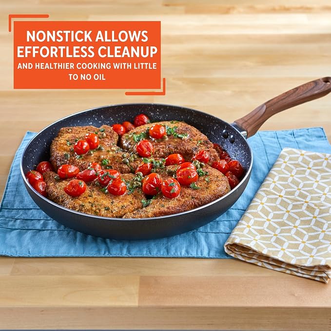 IMUSA USA 9.5" Black Stone Nonstick Fry Pan with Woodlook Handle and Speckled Nonstick Interior