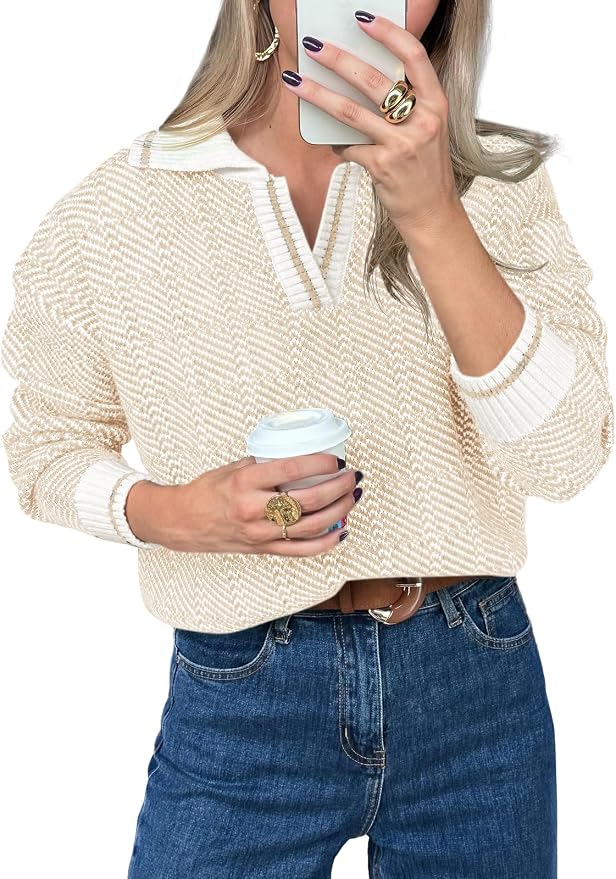 Saodimallsu Womens Fall Sweaters Tops Lapel V Neck Knit Color Block Shirt | Winter,Long Sleeve,Casual,Soft,Pullover,Cozy,Ribbed,Ladies,Chunky,Warm Sweaters,Checkered,Tunic,Work
