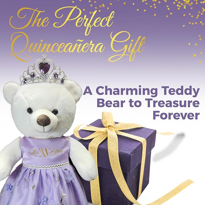 Quinceañera Teddy Bear 18-inches with Dress for 15th Birthday, Quince Bear with Matching Crown, Ideal Keepsake for 15th Birthday, Mis XV Años - Purple