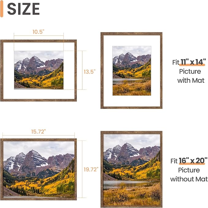 upsimples 16x20 Picture Frame, Display Pictures 11x14 with Mat or 16x20 Without Mat, Wall Hanging Photo Frame, Rustic Brown, 1 Pack