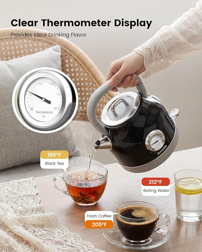 Amaste Electric Kettle, Retro Electric Tea Kettle With Thermometer, 57 Oz Hot Water Kettle For Coffee & Tea, 304 Stainless Steel, 1500w Fast Boiling, Auto Shut-Off & Boil Dry Protection, Black