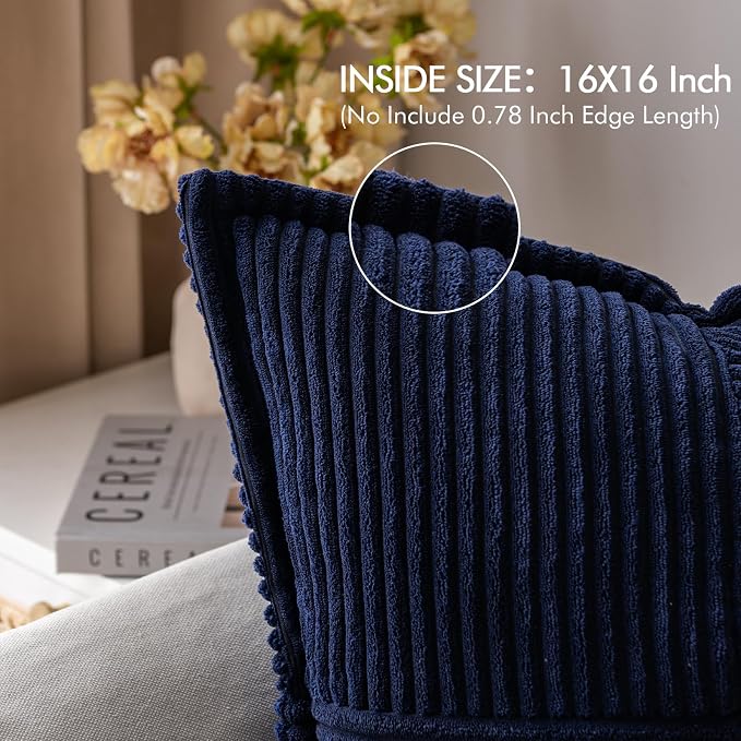 MIULEE Decorative Throw Pillow Covers for Couch 16x16 Inch Navy Blue 2 Pack | Boho Broadside Striped Patchwork Pillow Covers, Soft Corduroy Cushion Cases, For Sofa Bed Livingroom Home Decor