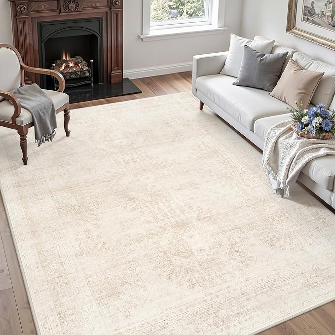 4x6 Area Rugs for Living Room: Vintage Boho Neutral Washable Rug Indoor Soft Large Area Rug Carpet for Bedroom Nursery Farmhouse Dining Room Office Floor Non-Slip Low Pile Under Table Rug Beige