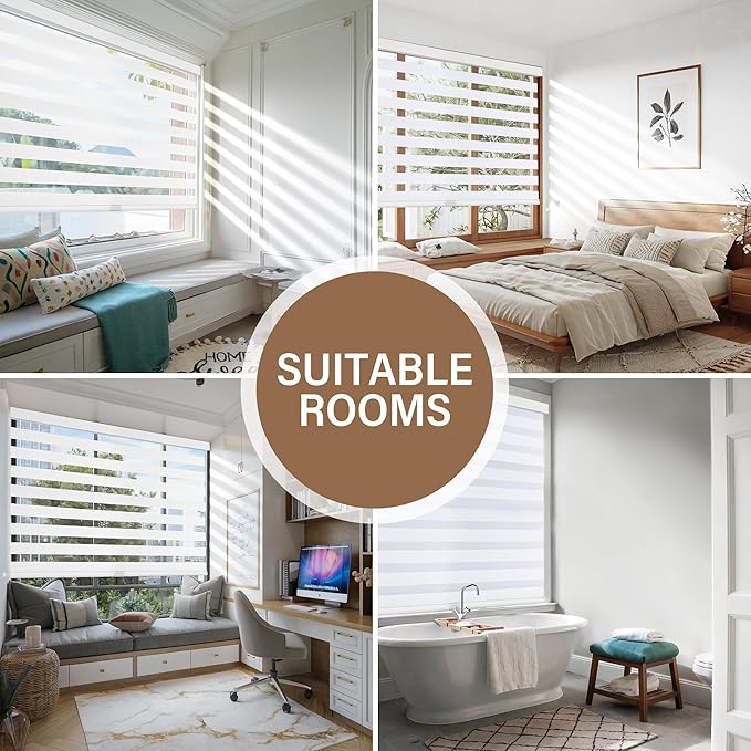 AOSKY Cordless Zebra Blinds for Windows Pull Down Roller Window Shades Dual Layer Light Filtering Privacy for Day and Night, Free-Stop Door Shades for Home Easy to Install (65" W X 72" H, White)