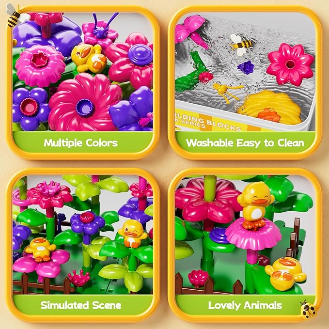 Flower Garden Building Toys for Toddler 3 4 5 6 7 Years Old, DIY Stacking Toys with Storage Box, Kids STEM Preschool Educational Toy, Christmas Birthday Gift for Girls Ages 3-5