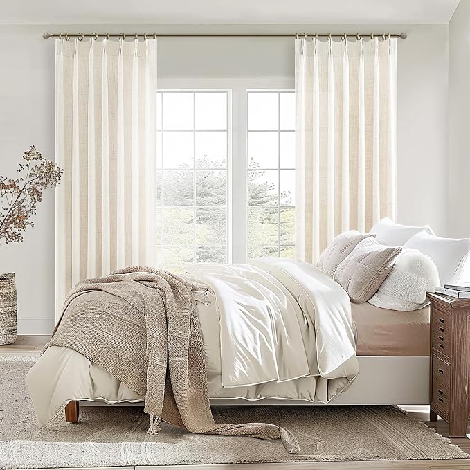 PleatedDrapes 86 Inch Curtains 2 Panels Set, Elegant Farmhouse Cream Beige Thick Linen Light Filtering Sunroom Semi Sheer Curtains Back Tab for Bedroom Decor (40" W x 86" L Pinch Pleated Hooks&Rings)