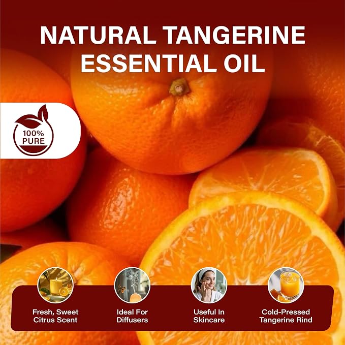Tangerine Essential Oil, Citrus Reticulata, Cold Pressed Citrus Peel Oil, Sweet Citrus Aroma for Aromatherapy, Diffuser, Massage, Skin Care, Natural Fragrance Oil for Blends – 8 Fl oz