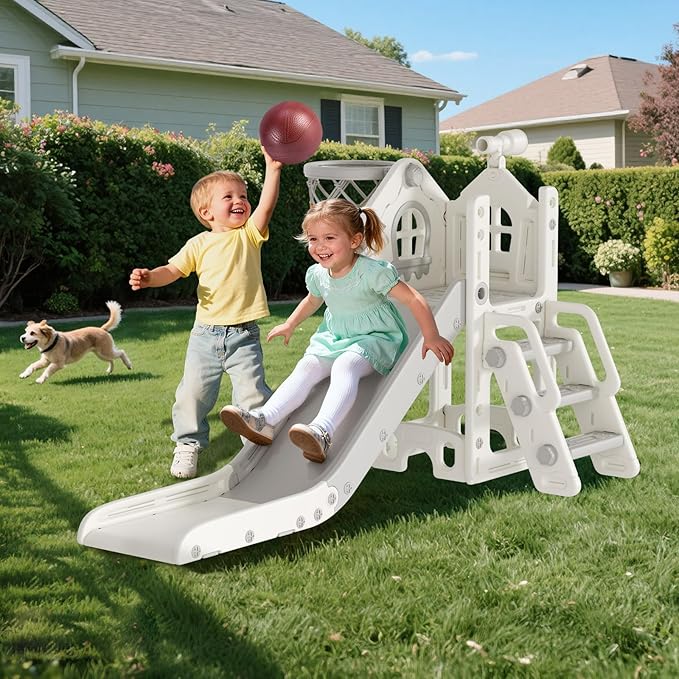 BIERUM 6 in 1 Toddler Slide - L-Shaped Baby Slide for Toddlers Aged 1-3 with Basketball Hoop, Telescope Toy and Anti-Slip Pads, Indoor Outdoor Toddler Playset, White Gray